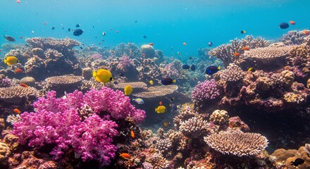 Naklejka premium Underwater view: Vibrant coral reef teems with diverse marine life, colorful fish, and intricate corals, symbolizing rich biodiversity and healthy ocean ecosystems.
