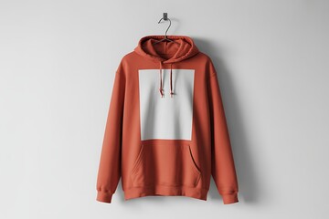 Terracotta Orange Hoodie with White Panel Hanging on Wall Mockup apparel clothing