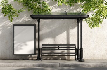 Empty bus stop with blank advertising board,  shaded by trees