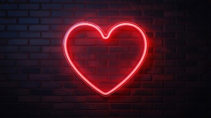 A glowing red neon heart sign is mounted on a dark brick wall, symbolizing love and romance for valentines day