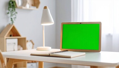 Bright Minimalist Desk with Green Screen Tablet, Modern Lamp, and Open Notebook