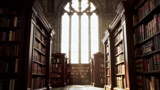 Tall gothic windows light bookshelves in a long, shadowed library aisle