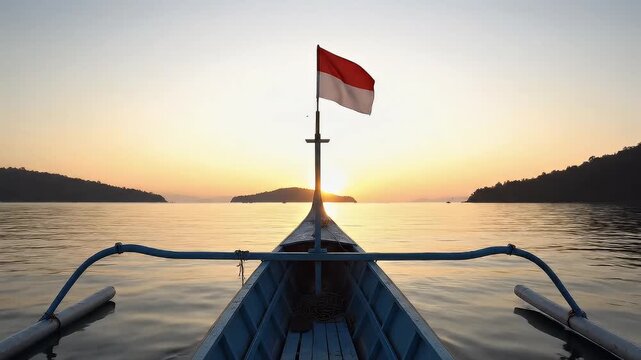 Ocean sunrise view from a boat with a flag, perfect for travel blog headers