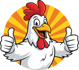 Cartoon chicken mascot giving thumbs up, cheerful farm animal character, vector illustration, food branding concept, happy rooster with smile