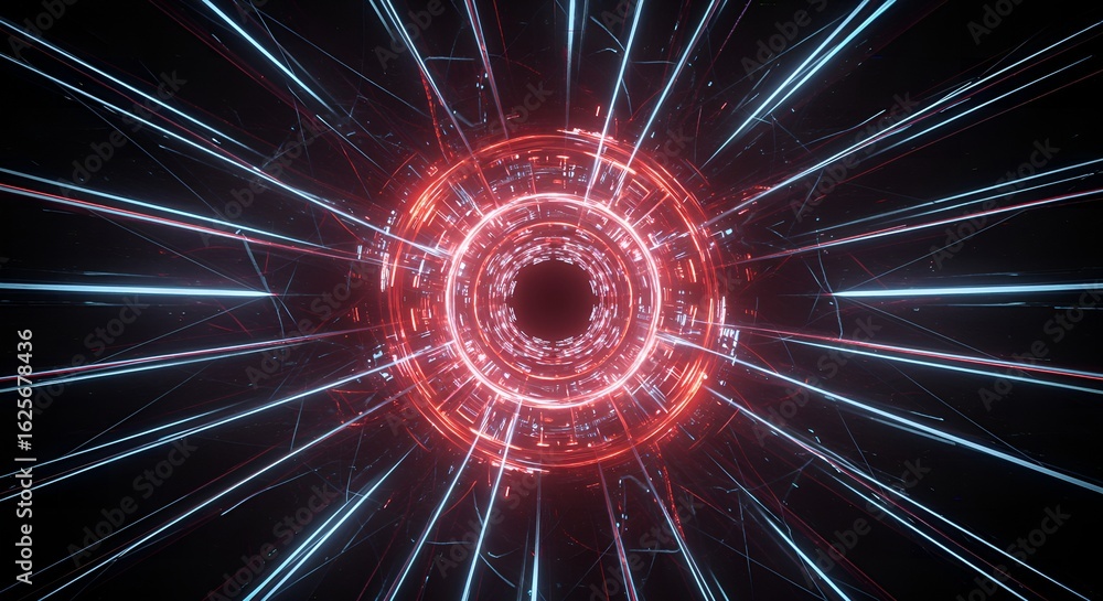 Poster abstract neon light tunnel with circular glow and laser rays background