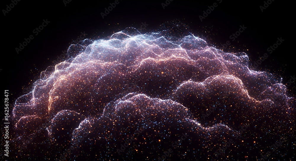 Poster abstract glowing particle cloud nebula formation in deep space background