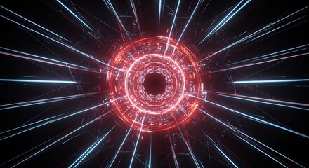 Abstract Neon Light Tunnel with Circular Glow and Laser Rays Background