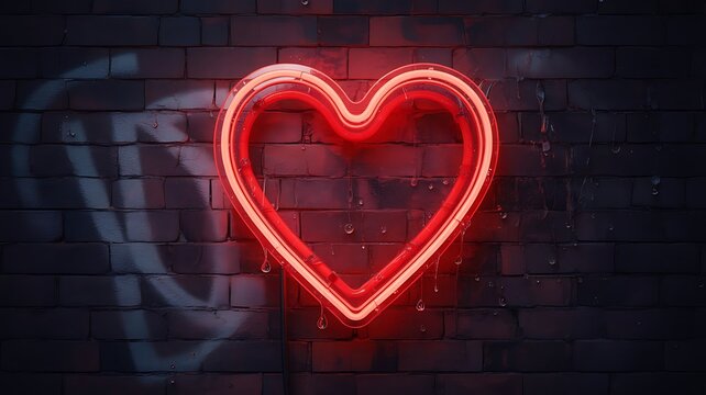 A glowing red neon heart sign mounted on a dark brick wall, symbolizing love, romance, and urban style in a modern setting - Powered by Adobe