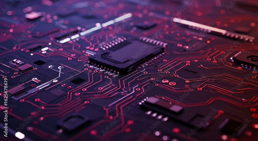 Poster detailed abstract circuit board with microchip and red lines technology