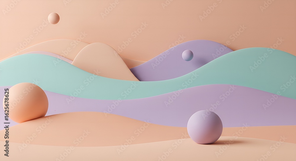 Poster soft pastel color sphere and wavy layers 3d render abstract