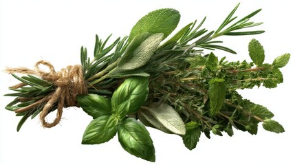 Assorted fresh herbs tied together with twine