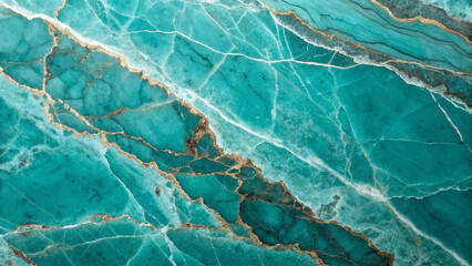 Abstract background of a teal and gold mineral texture with a network of cracks