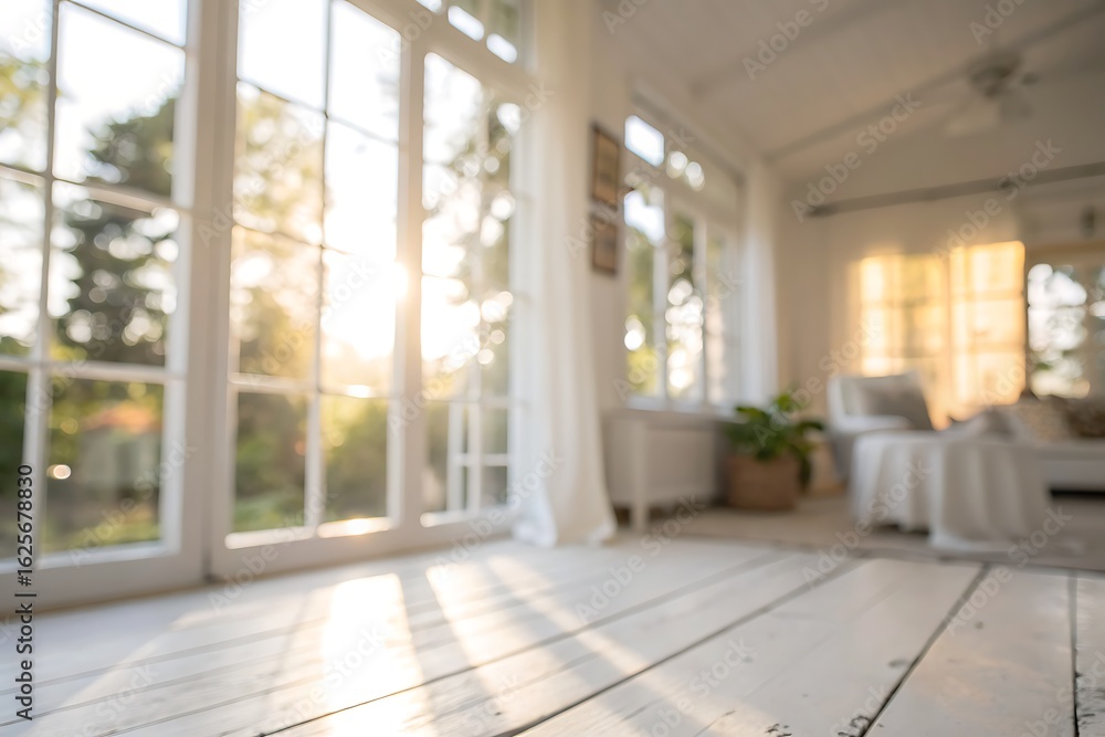Poster sunlit room with open windows and wooden floor creating a warm and inviting atmosphere