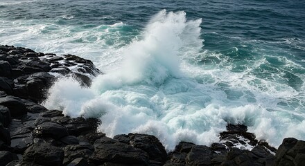 Dramatic Scenic Ocean Wave Crashing on Rocky Coastline Landscape