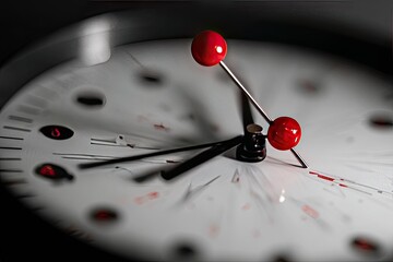Close-up clock face, red pins, blurred