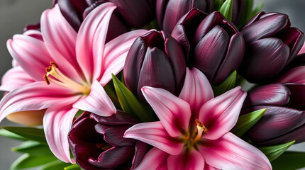 Fototapeta premium Beautiful pink lilies and dark purple tulips bouquet floral arrangement blossom bloom flower petals macro shot