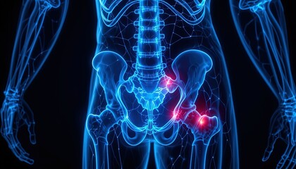 Detailed illustration of the human hip joint anatomy.