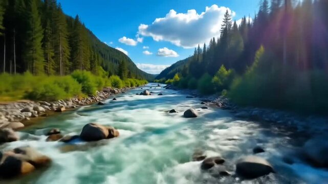 nature scene with mountain river. spring vacation in sunny valley of synevyr national park, ukraine. grassy meadow on the shore, ridge in the distance. beauty of tranquil ecology environment See Less
