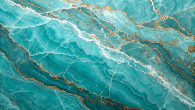 Abstract wallpaper of a teal and gold marble texture with natural, flowing patterns