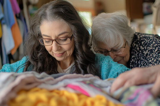 Caring home health aide folding laundry with elderly woman