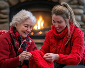 Caring home health aide with elderly woman by fireplace