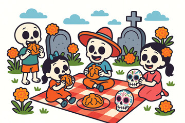 Naklejka premium Día de Muertos Picnic in Cemetery Coloring Illustration, Cartoon Flat Vector