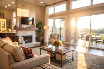 Cozy modern living room with sunset view and stylish decor inside bright spacious home