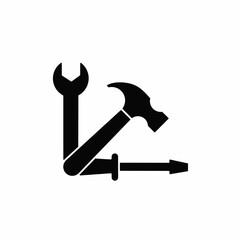 Black screwdriver. Wrench, hammer icon symbol. Hammer, screwdriver, wrench vector, isolated on white background. Vector icon.