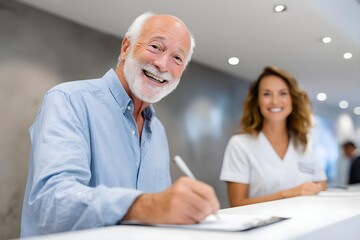 Fototapeta premium Corporate Reception Area with Professional Staff Engagement and Dynamic Composition in Modern Interior Design