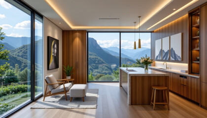 Fototapeta premium Modern kitchen with mountain view, featuring wooden cabinetry, large windows, and minimalist decor. space exudes tranquility and elegance, perfect for relaxation and entertaining