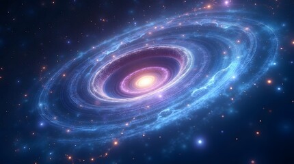 A spectacular spiral galaxy with a bright, luminous core and swirling blue arms in deep space. A vibrant representation of the cosmos, astronomy, and the universe's beauty.