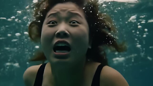 Woman underwater in a pool, distressed expression