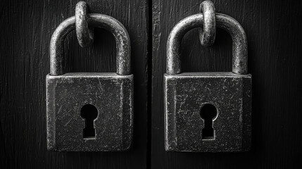 Locked padlocks on dark wooden door, symbolizing security