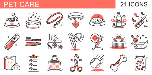 A set of 21 flat design icons in black and red accents, depicting pet care items like food bowls, grooming tools, and toys. Ideal for pet shops, vets, or grooming services.