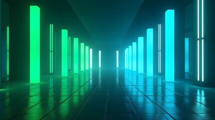 A futuristic corridor with glowing green and blue neon lights. Reflective floors and a high-tech atmosphere. Represents data centers, virtual reality, or modern architecture.