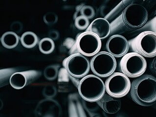 Close-up view of stacked PVC pipes