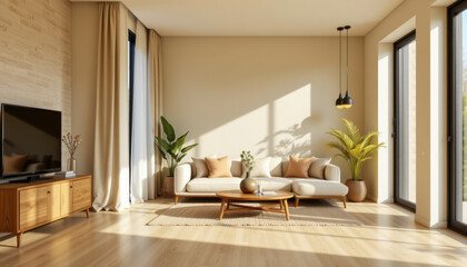 Modern living room featuring light color palette, large windows, and natural light. space includes comfortable sofa, decorative cushions, coffee table, and indoor plants, creating warm