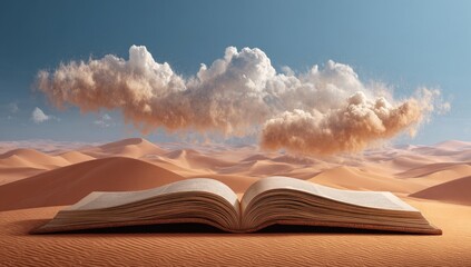 Open book in desert landscape. Clouds above
