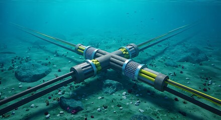 Underwater Data Cables with Junction Box Connecting to the Internet, a network of digital communication lines on the seabed, Modern Underwater Cable Infrastructure