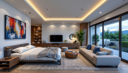 Modern bedroom interior featuring spacious layout with comfortable bed, stylish furniture, and large windows allowing natural light. decor includes vibrant artwork, cozy seating area, and greenery