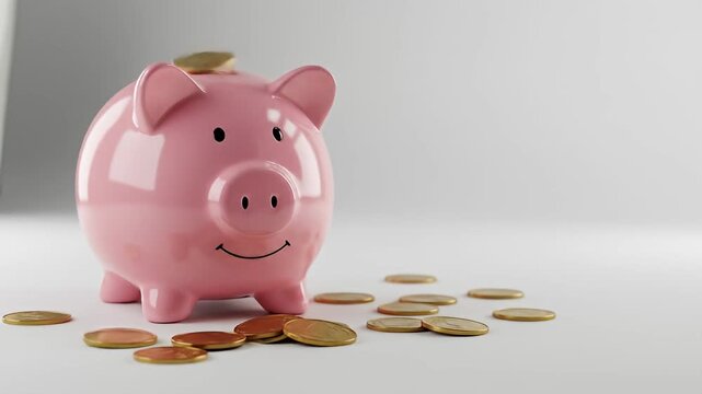 Pink ceramic piggy bank with a smiley face surrounded by scattered gold coins on white