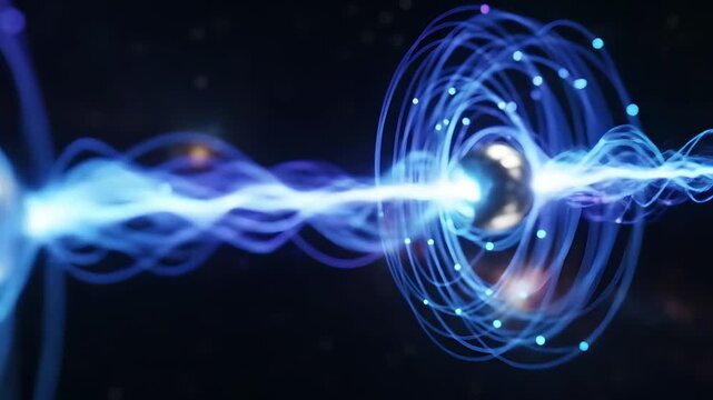 Quantum entanglement animation: Two spheres connected by an energy beam. Science, technology, physics visualization for presentations, research, and futuristic concepts. Data transmission.