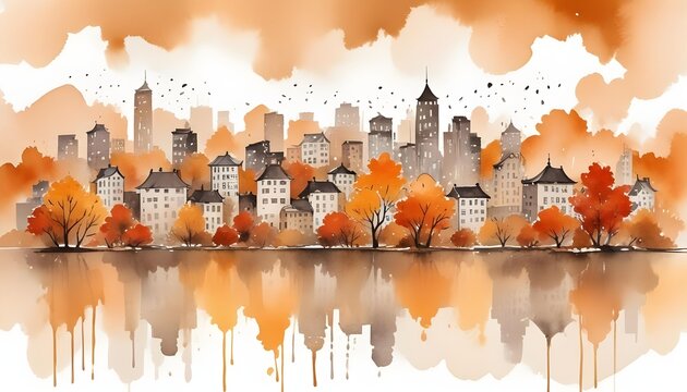 Hand-painted watercolor illustration of a fall city, featuring vibrant trees and buildings, creating a cozy autumn scene
