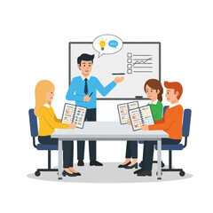 Fototapeta premium A business team is gathered around a table, brainstorming ideas, and reviewing data, with a presenter pointing at a whiteboard during a meeting.