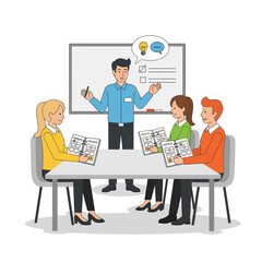 Fototapeta premium A male instructor confidently leads a productive training session for three attentive students in a bright, modern classroom setting, fostering collaboration and knowledge sharing.