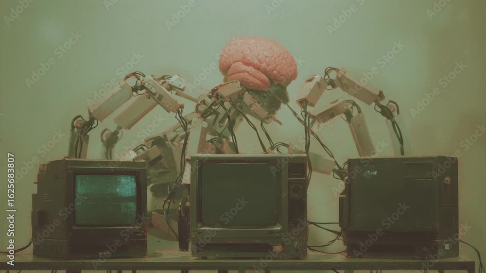 Poster brain connected by robotic arms to old television monitors displaying evolving digital static lines,