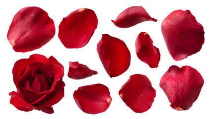 Fototapeta premium A set of red rose petals in various poses and sizes, arranged on a Transparent background PNG