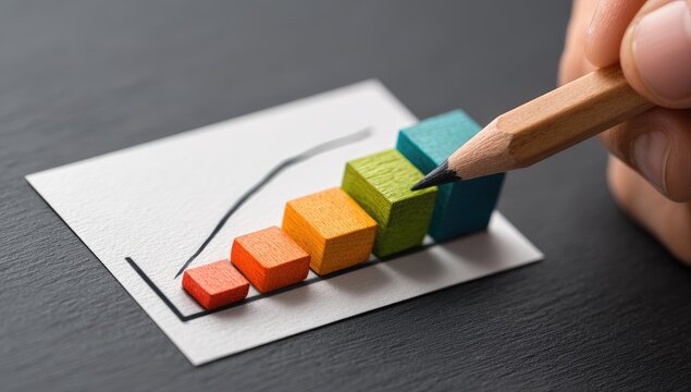 Colorful blocks stacked on a graph, signifying progress and growth. A hand holds a pencil poised above the top block, suggesting the next step