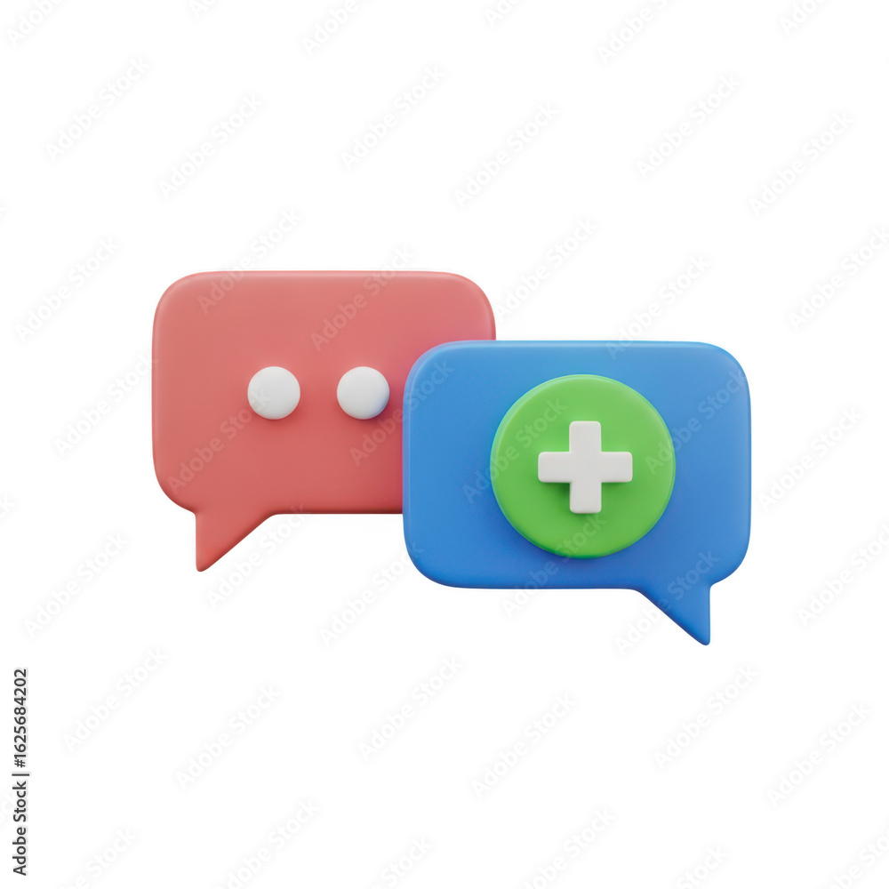 Poster 3d icon of 3d chat bubbles with a plus icon, representing new messages or communication, isolated on