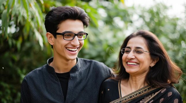Happy Indian mother and son looking at each other affectionately